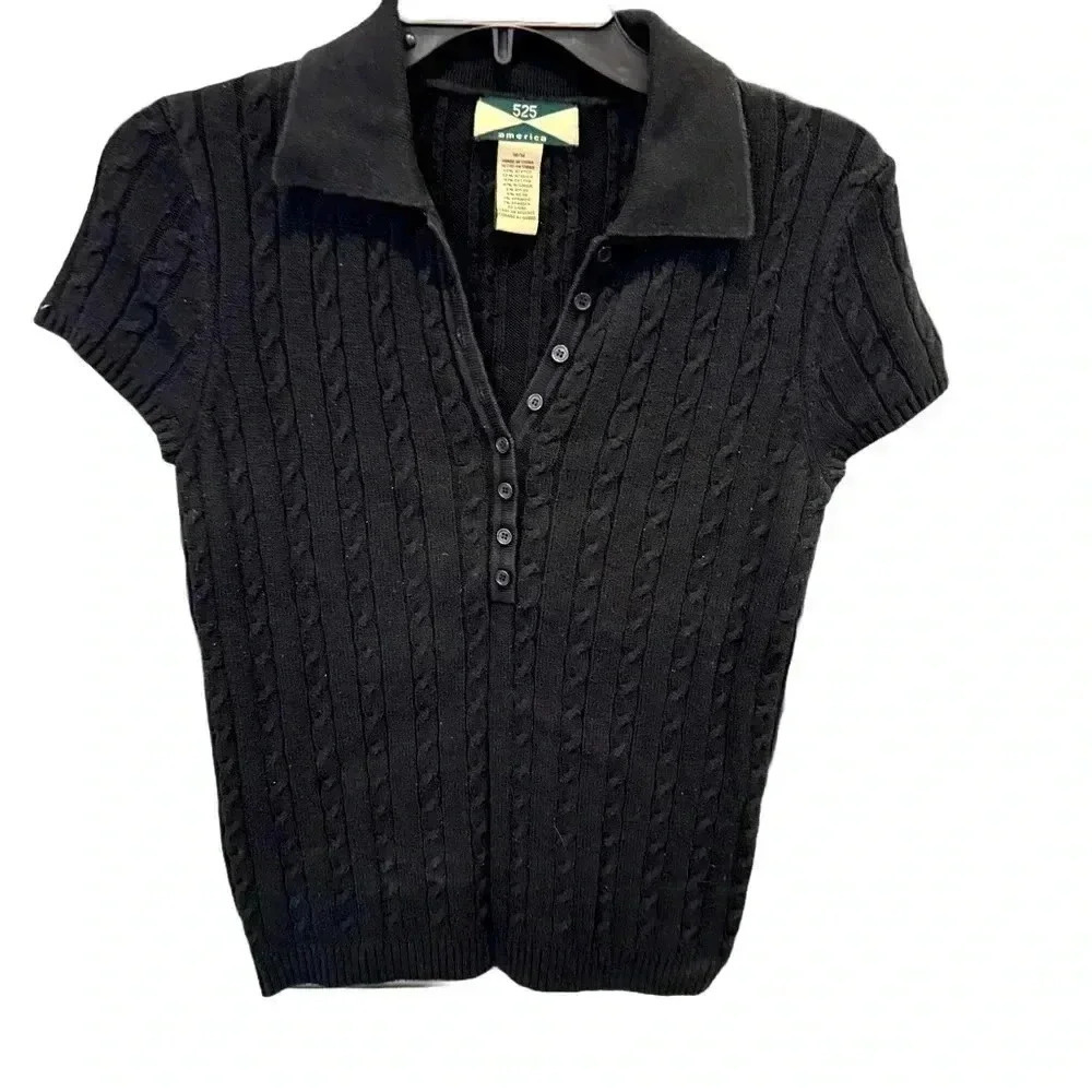 525 America Revolve Brand Women’s Cable Knit Polo Sweater Size M Black